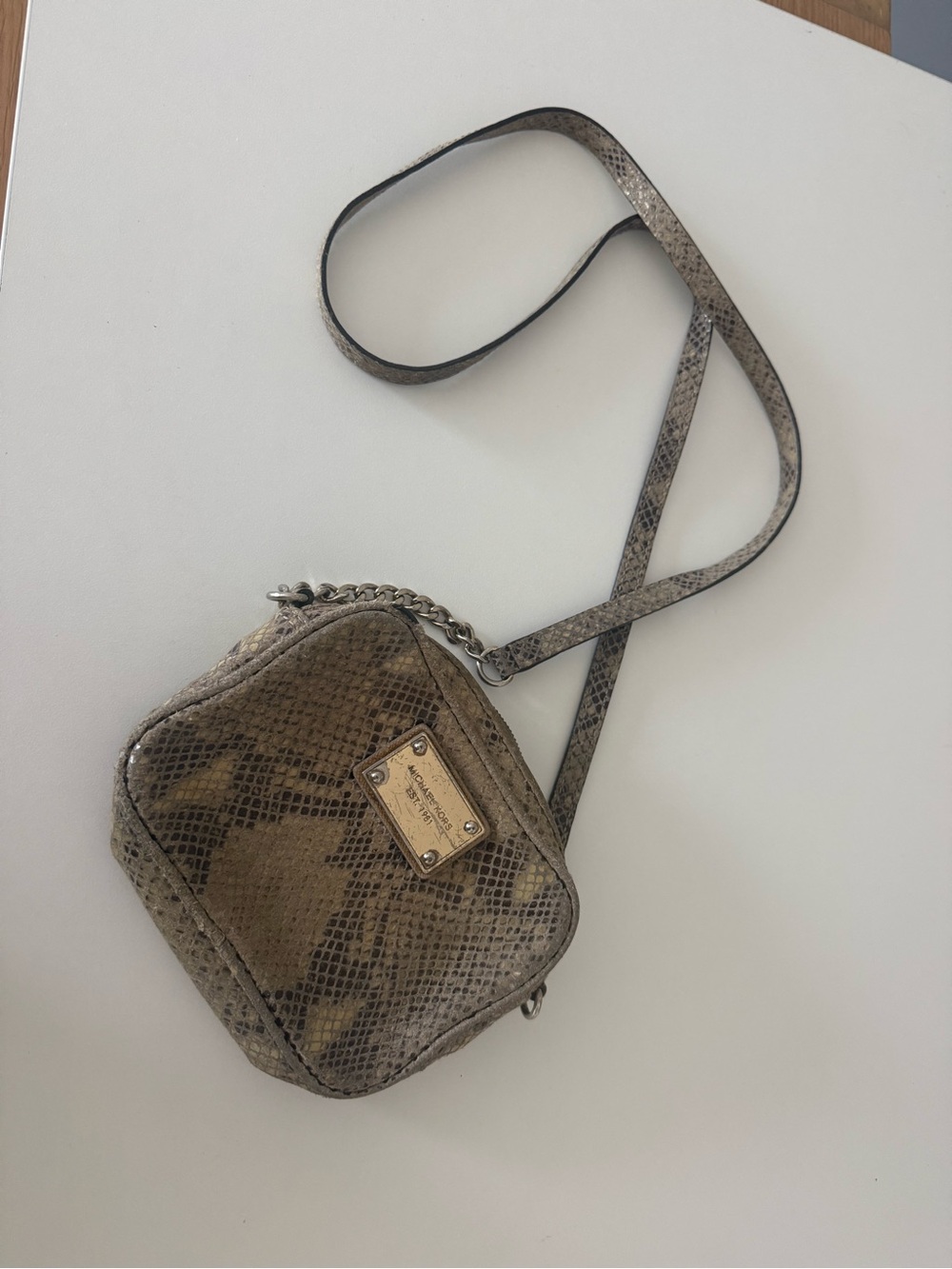Michael Kors Taupe Snake-Embossed Crossbody with Chain Strap